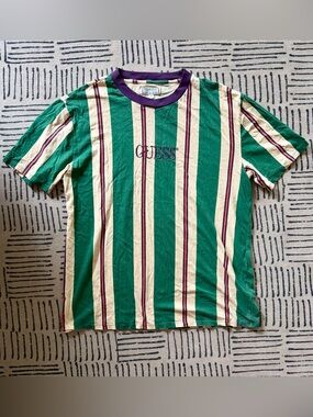 Vintage GUESS Green & Cream Vertical Stripe Short-Sleeve Tee with Purple Trim